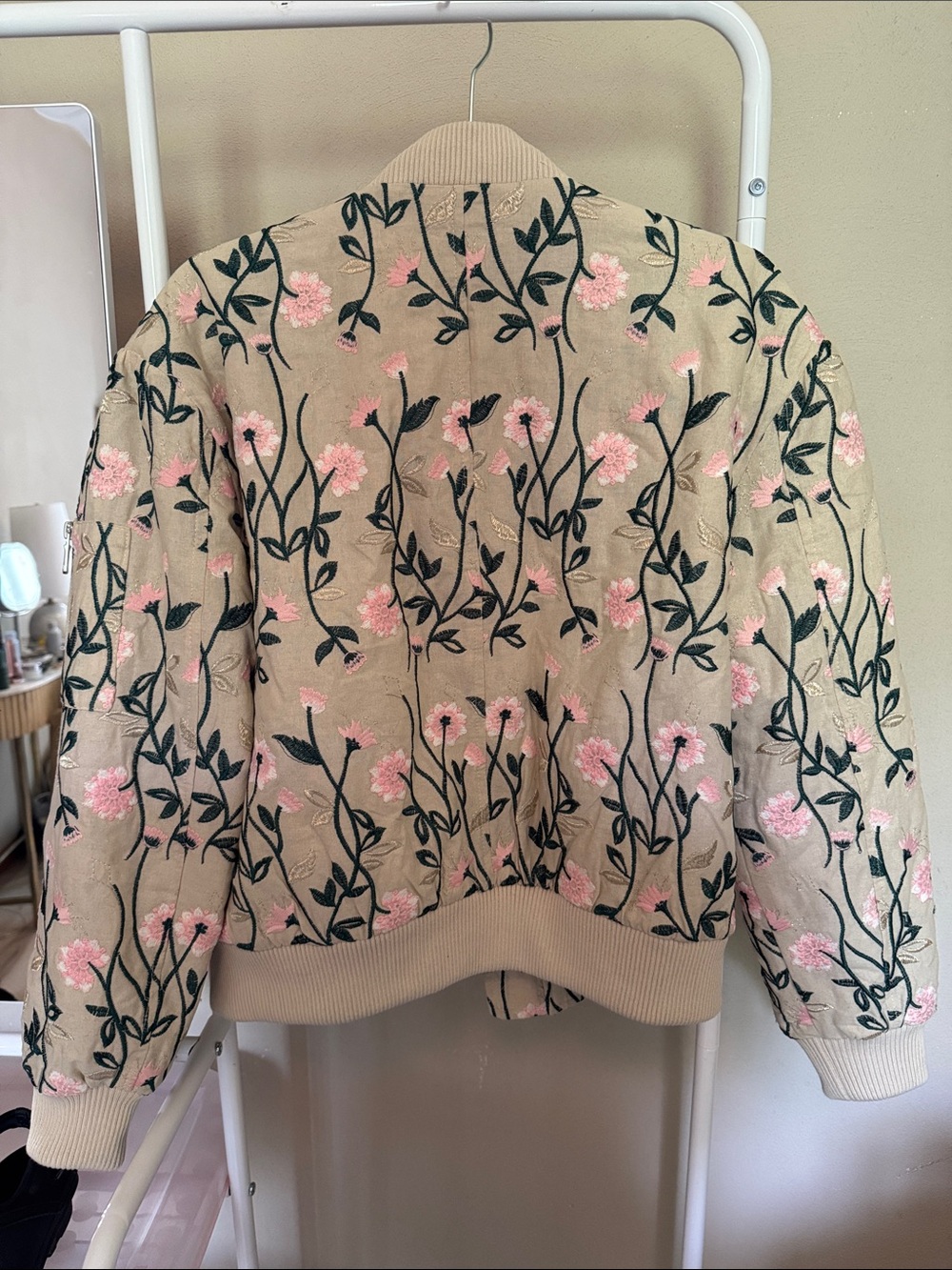 Avec Les Filles cotton Beige Bomber Jacket with Pink Floral Embroidery - Picture 5 of 7